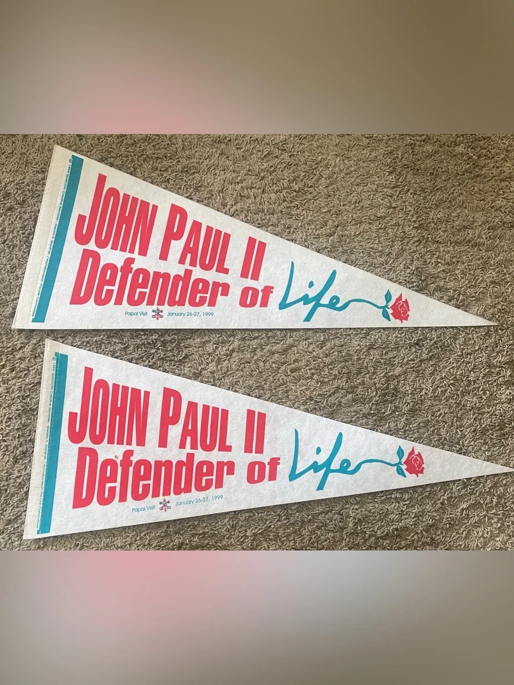 John Paul II Defender of Life 1999 Papal Visit Pennants Set of 2 Vintage
